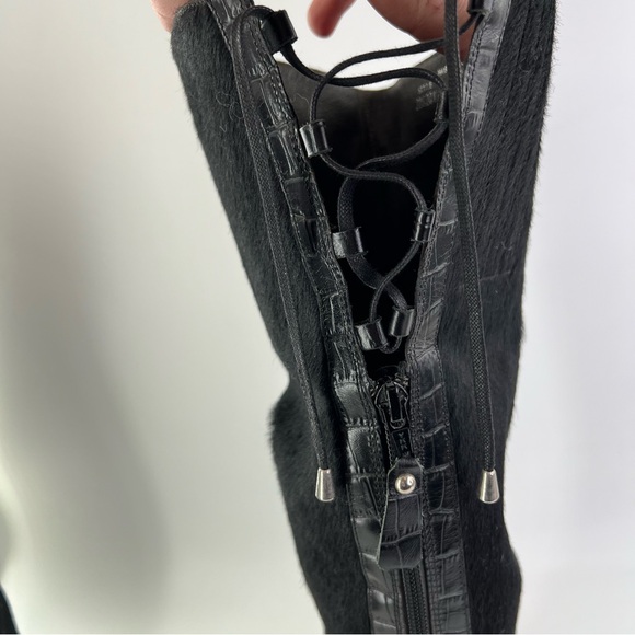 NWT Migliorini Calf Hair Boots Reptile Pattern Lace Up Back 7.5 Black Real Fur - Picture 5 of 12